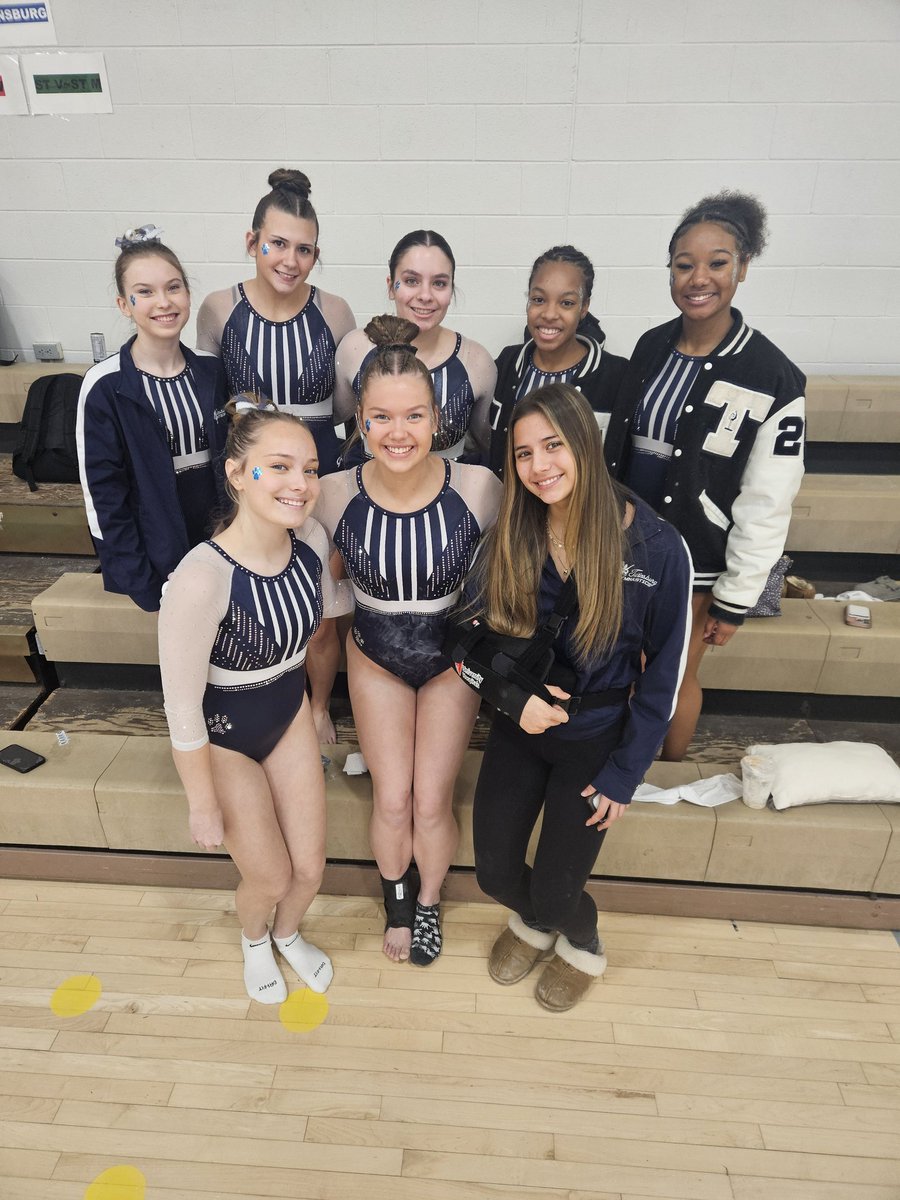 All smiles and ready to roll at today's OHSAA District Gymnastics Meet! Good luck ladies!!!!