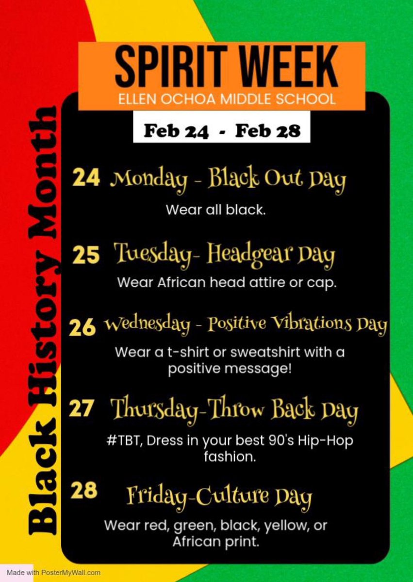 Please see the attached flyer detailing events for our upcoming Black History Month Spirit Week. The dates are Monday, February 24th through Friday, February 28th. ❤️💚💛🖤✊🏽