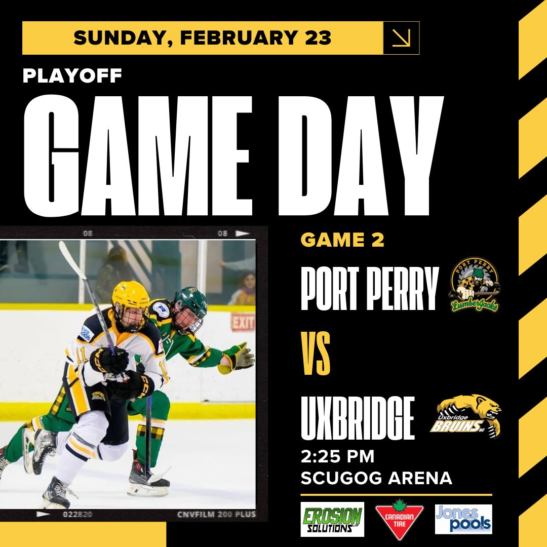 The Uxbridge Bruins are back in playoff action this afternoon at 2:25 p.m. at Scugog Arena for Game 2 of our Orr Division quarterfinals series vs Port Perry.