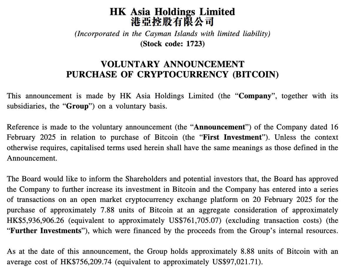 JUST IN: 🇭🇰 Publicly traded HK Asia Holdings Limited approved to buy more  Bitcoin for its balance sheet.