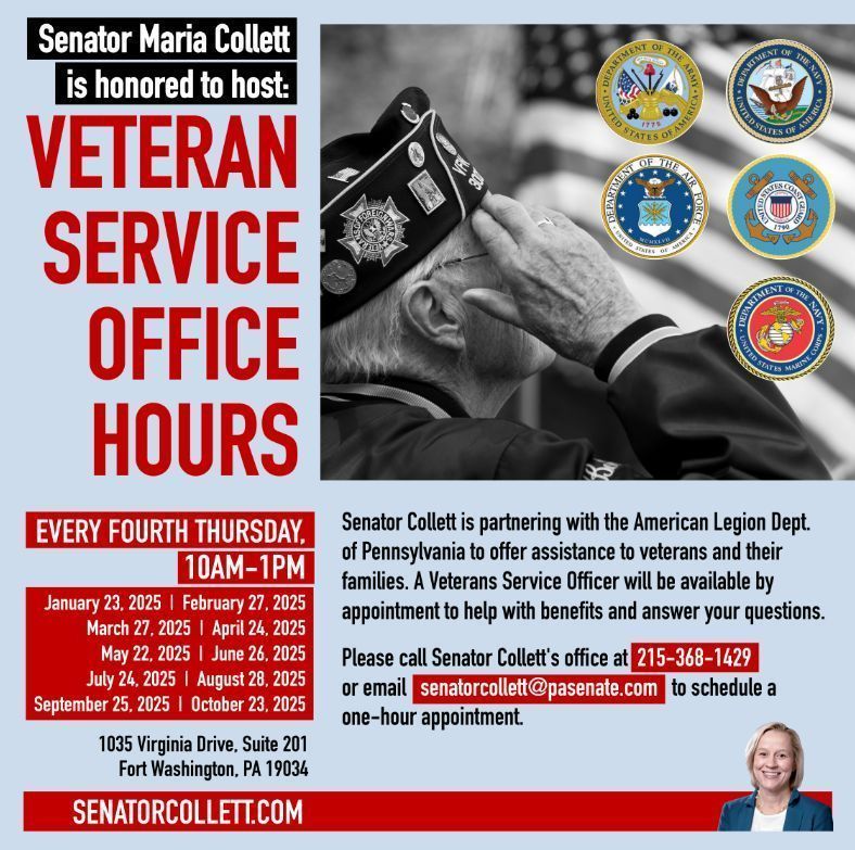 Senator Maria Collett (@senatorcollett) on Twitter photo 🚨We're still taking appointments for my 2/27 Veteran Service Office Hours🚨
We are proud to work with the American Legion Dept. of PA each month, and to book your appointment for Feb. or the coming months, call my office at 215-368-1429 or email senatorcollett@pasenate.com! 🚨We're still taking appointments for my 2/27 Veteran Service Office Hours🚨
We are proud to work with the American Legion Dept. of PA each month, and to book your appointment for Feb. or the coming months, call my office at 215-368-1429 or email senatorcollett@pasenate.com!