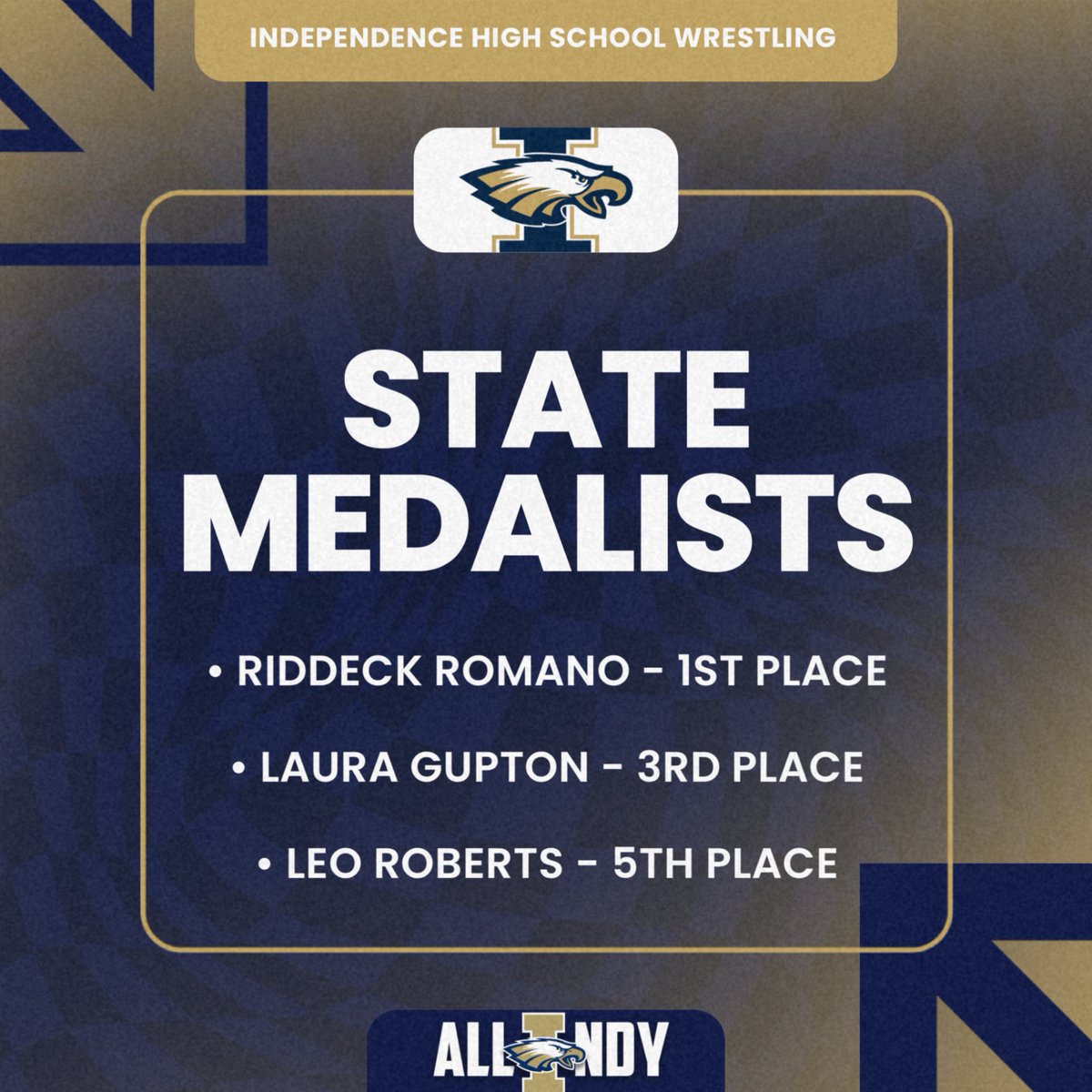 Congratulations Indy Wrestlers! 3 on medal stand, including a STATE CHAMPION!!!!