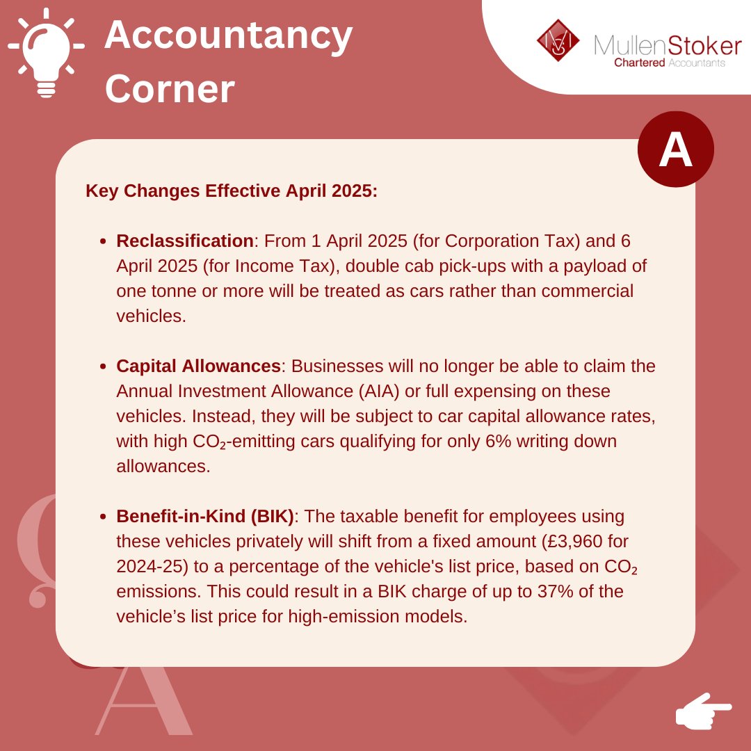 MullenStoker's tweet image. Are you ready for the upcoming tax changes for double cab pick-ups?

In our regular feature, ‘Accountancy Corner’ we’re looking at the key changes and recommendations. 👇

#TaxChanges #NorthEastAccountants