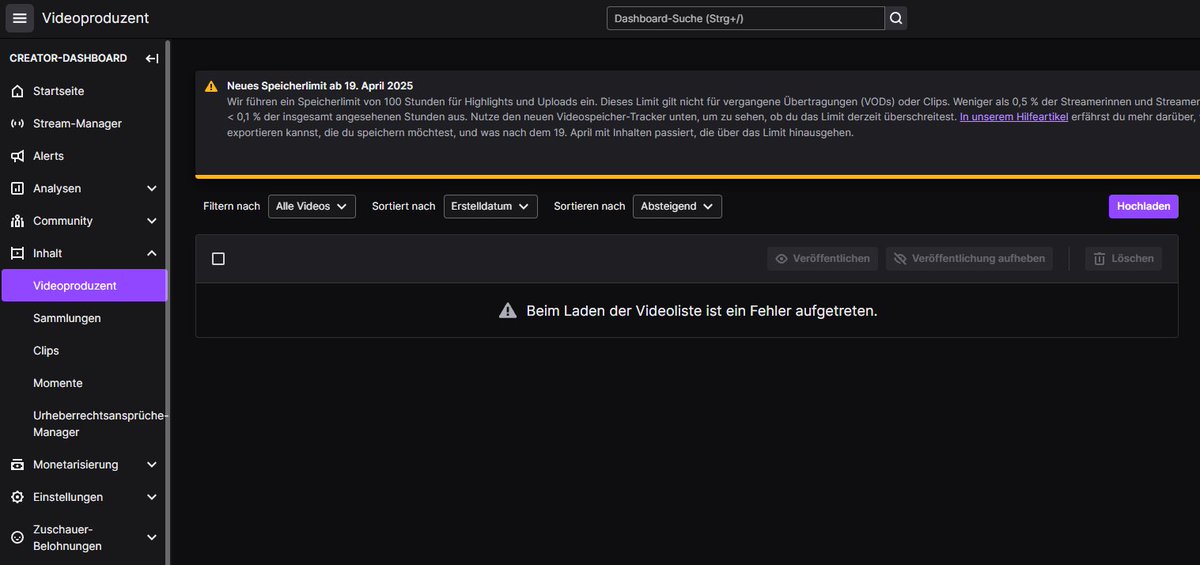 Hat noch jemand das Problem, dass er im Videoproduzent auf Twitch seine VODS nicht sieht, weil ein Fehler aufgetreten ist? Würde gerne meinen Stream von heute veröffentlichen. <a href="/TwitchDE/">Twitch DE</a> <a href="/TwitchSupport/">Twitch Support</a>