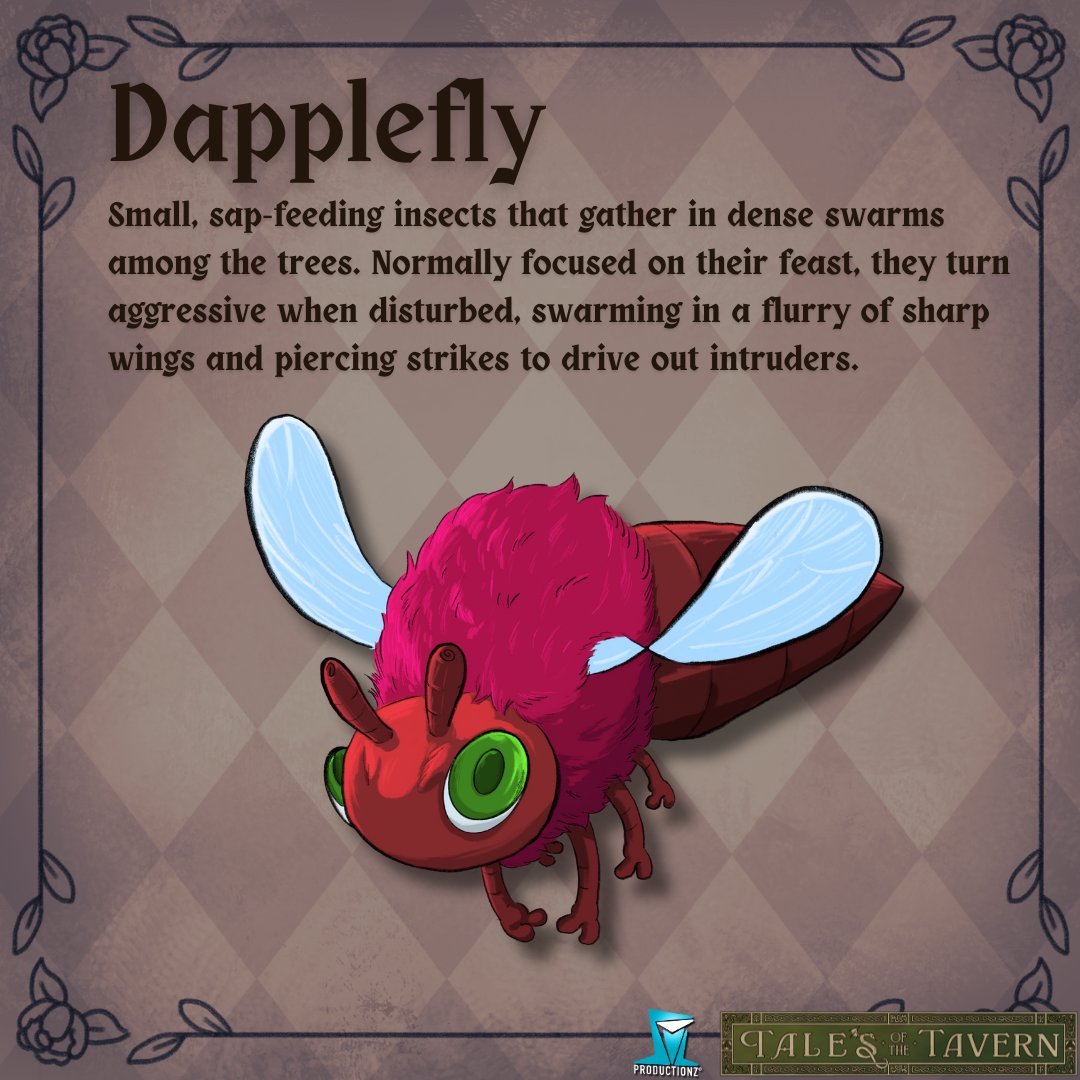 tottgame's tweet photo. Bestiary Log #2

Name: Dapplyfly

Origin: Native to Whisker Woods

Hostility: Yes

Edibility: Its wings, when crushed, create a flavorful seasoning.

Character Art by: @ disc_man_ on Instagram!

#talesofthetavern #gamedev #indiedev #indiegame #oc #characterdesign https://t.co/2B2oEkUebh
