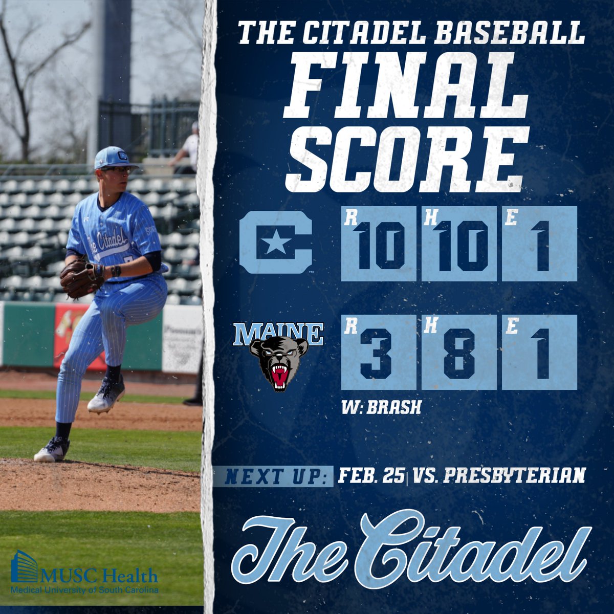 CitadelBaseball's tweet photo. BULLDOGS WIN!!!
The Citadel scores ten runs in the series finale against Maine!
#jOURney https://t.co/WLJxEIJY6Y