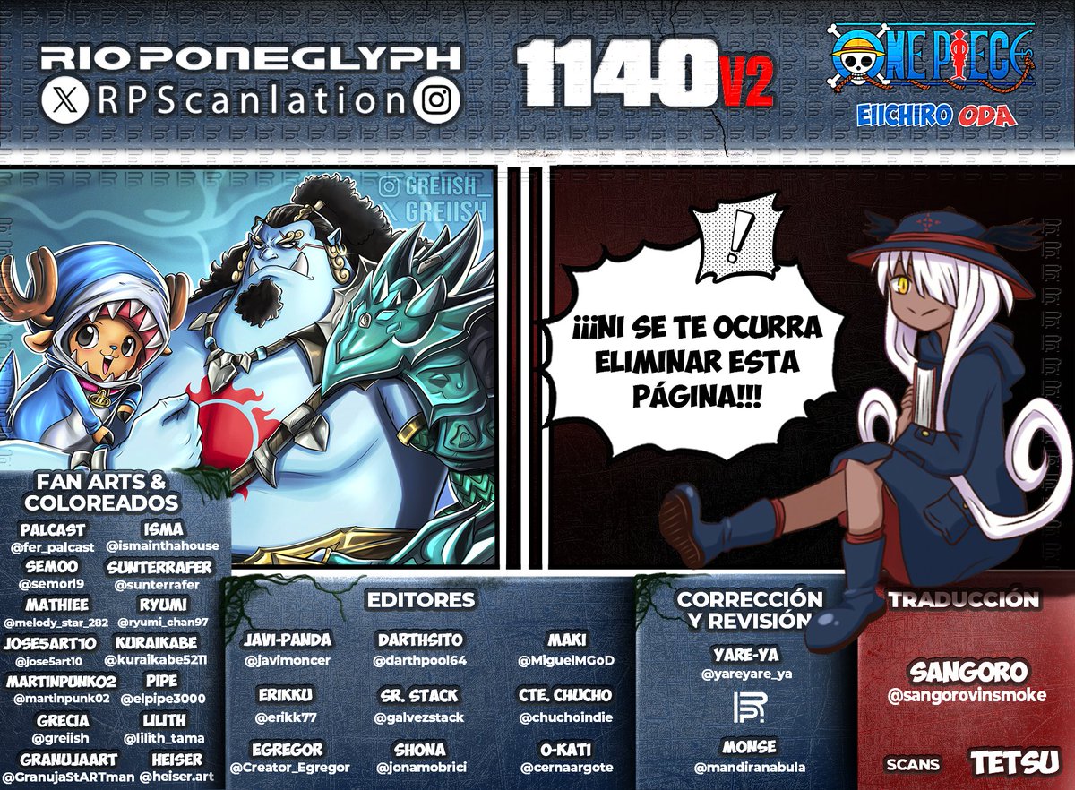 Ya está aquí nuestra versión final de #OnePiece1140, corregida y aumentada, que la disfruten!! Recomendamos que SIEMPRE lean la versión final.
#OnePiece #RioPoneglyphScans
Opción 1:  bit.ly/OP-1140-RPS-1
Opción 2: bit.ly/OP-1140-RPS-2
Descarga: bit.ly/descargas-rps-m