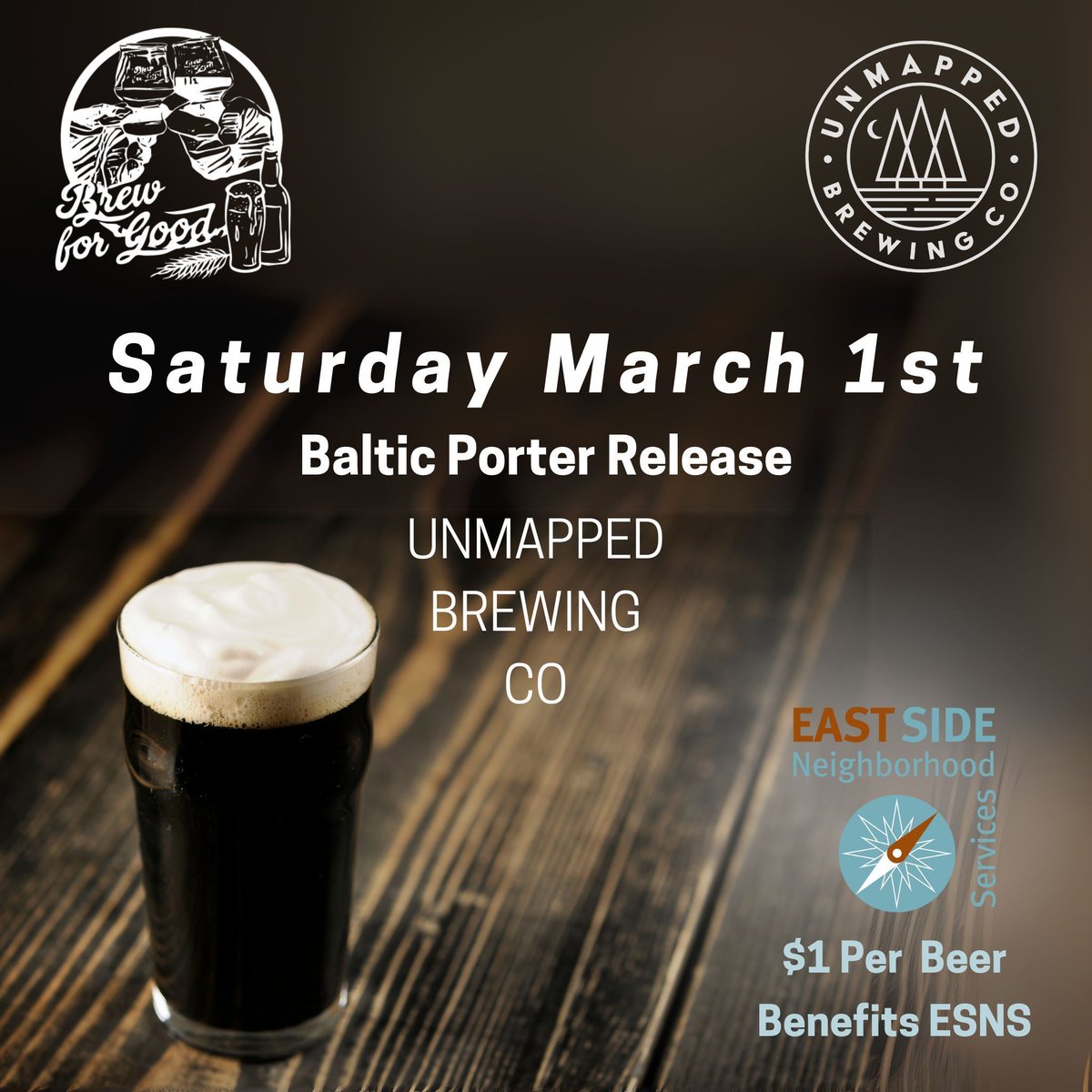 Join Brew For Good, <a href="/esneighborhood/">East Side Neighborhood Services</a>, and <a href="/unmappedbrewing/">Unmapped Brewing Co.</a> for the release of Brew For Good Baltic Porter.

Saturday, March 1st, 11am to 11pm, at Unmapped Brewing Co. 

$1 per pint will benefit Eastside Neighborhood Services!

Brew For Good - Beer, doing good!