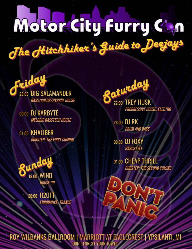 Hey, all you intergalactic party animals! The #MCFC2025 DJ list is here!!!

Check it out, and join us on the #MCFC25: Hitchhiker's Guide to the FurryCon dance floor!
