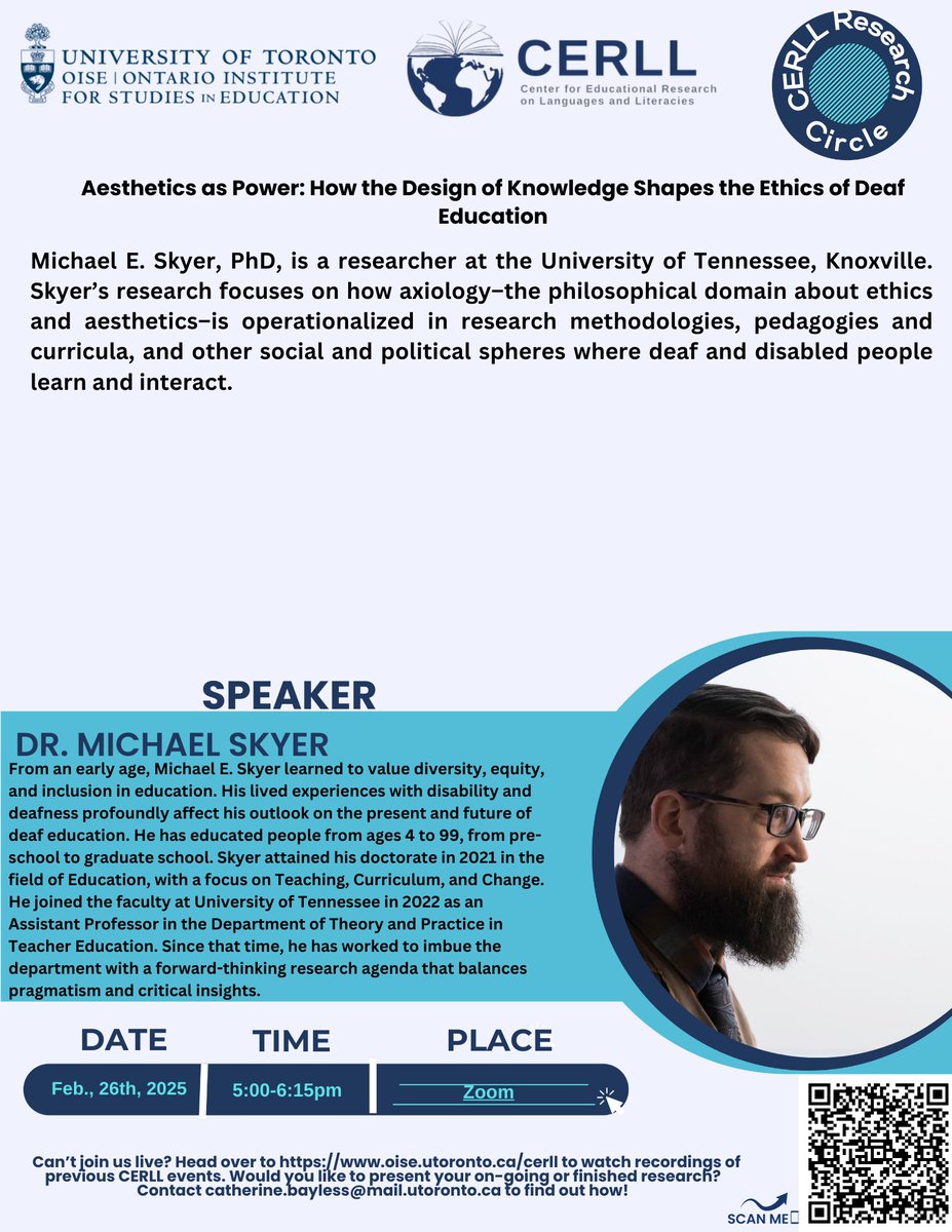 CERLL OISE (@cerlloise) on Twitter photo Dr. Michael Skyer presenting his work on deaf education this Wednesday, February 26th at 5:00pm. Follow the registration information in the flyer to join us online! Dr. Michael Skyer presenting his work on deaf education this Wednesday, February 26th at 5:00pm. Follow the registration information in the flyer to join us online!