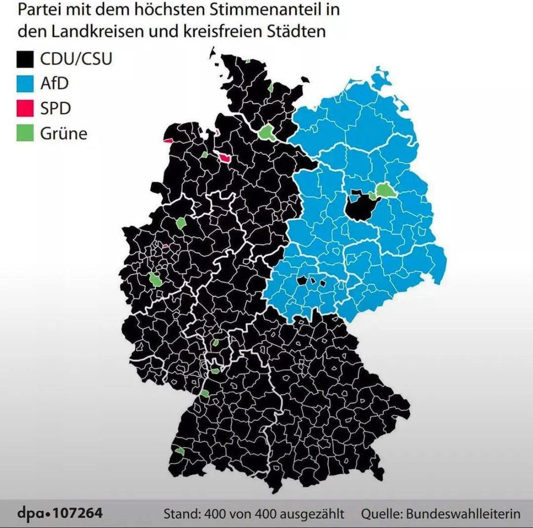stefanobottoni1's tweet photo. This is not at all the end of the modern German democracy as we know it, but this map still shows a quite brutal cleavage 35 years after the reunification. https://t.co/W0PqBDzQss