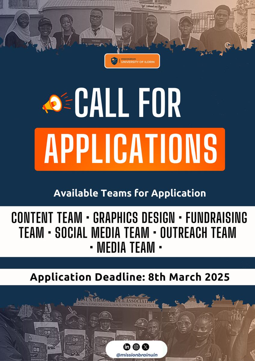 missionbrainuin's tweet image. 📢 CALL FOR APPLICATIONS – JOIN MISSION: BRAIN ILORIN 📢

Mission:Brain Ilorin is officially accepting applications to join our various teams!

🎯 WHO CAN APPLY?
This opportunity is open to both medical and non-medical students passionate about neurosurgical education, advocacy,