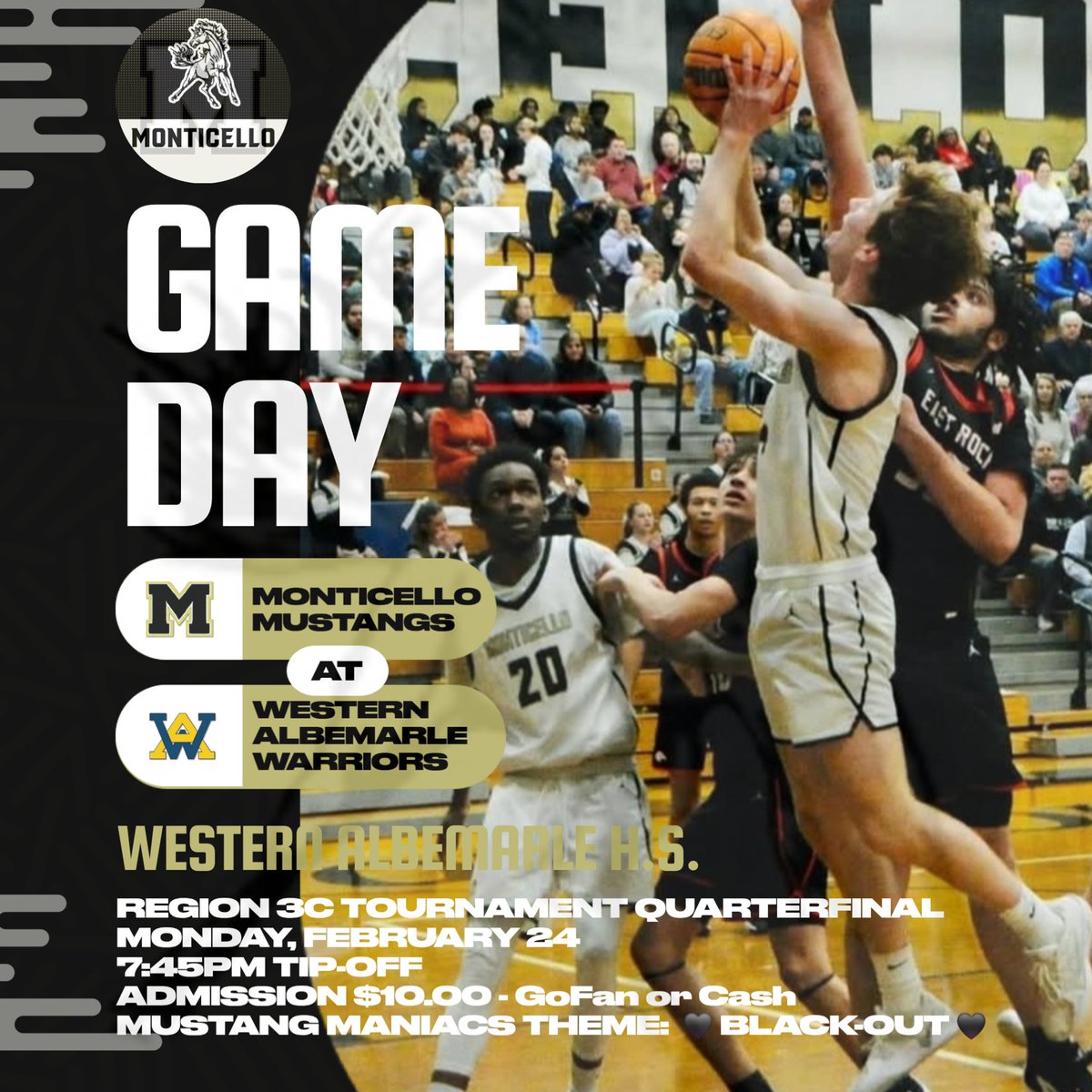 Tomorrow - Monday, Feb. 24
Monticello at Western Albemarle 
7:45pm tip-off
Winner to Region 3C Semifinals

Attention Mustang Maniacs... A few generous anonymous donors have agreed to cover the admission cost of ALL Monticello H.S. students arriving between 6:30 &amp; 7:45pm.  See you