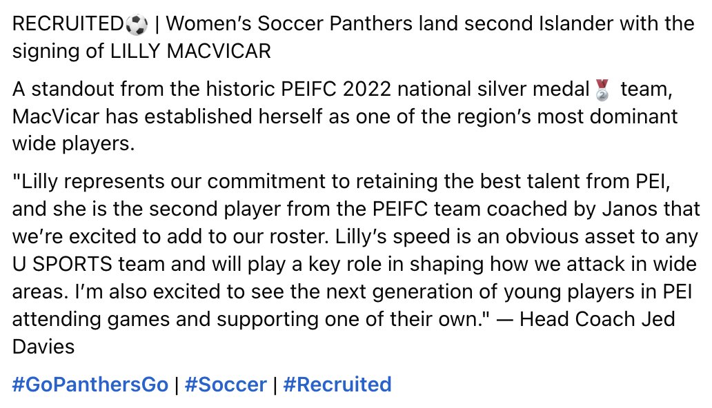 RECRUITED⚽️ | Women’s Soccer Panthers land second Islander with the signing of LILLY MACVICAR

A standout from the historic PEIFC 2022 national silver medal🥈 team, MacVicar has established herself as one of the region’s most dominant wide players.

#GoPanthersGo | #Soccer