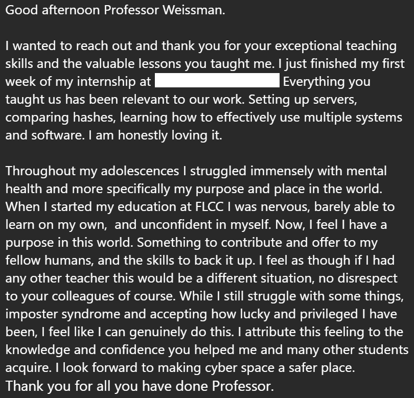 CSCPROF's tweet photo. Very touching!
#FLCC #FingerLakesCommunityCollege #Networking #Cybersecurity #SystemsAdministration #RoutingandSwitching #EthicalHacking #DigitalForensics #Linux #PowerShell #IPv6 https://t.co/eVCywFmPiP
