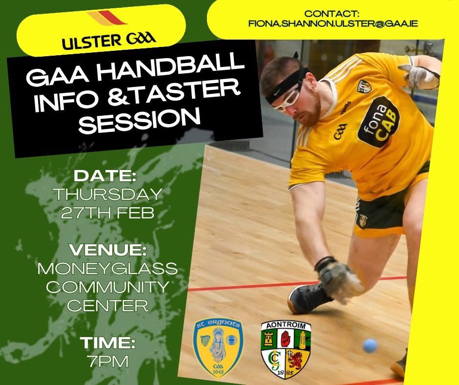 Register your interest for Handball! Come along to a taster session on Thursday 27 at Moneyglass hall. Open to all; young and old, male and female. Come and try for fun. No experience necessary etc, complete this very short form to register your interest.
shorturl.at/0Hp5P