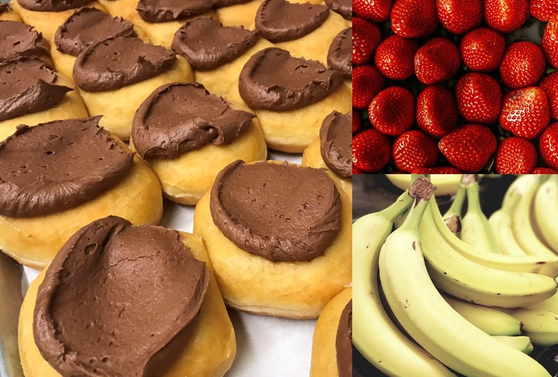 This week is our Banana Split Donut. The filling is a mix of banana and strawberry topped with our homemade chocolate buttercream icing. This is one of our more popular banana specials. So, even if you’re not a big fan of banana filling, we think you’ll really like this donut.