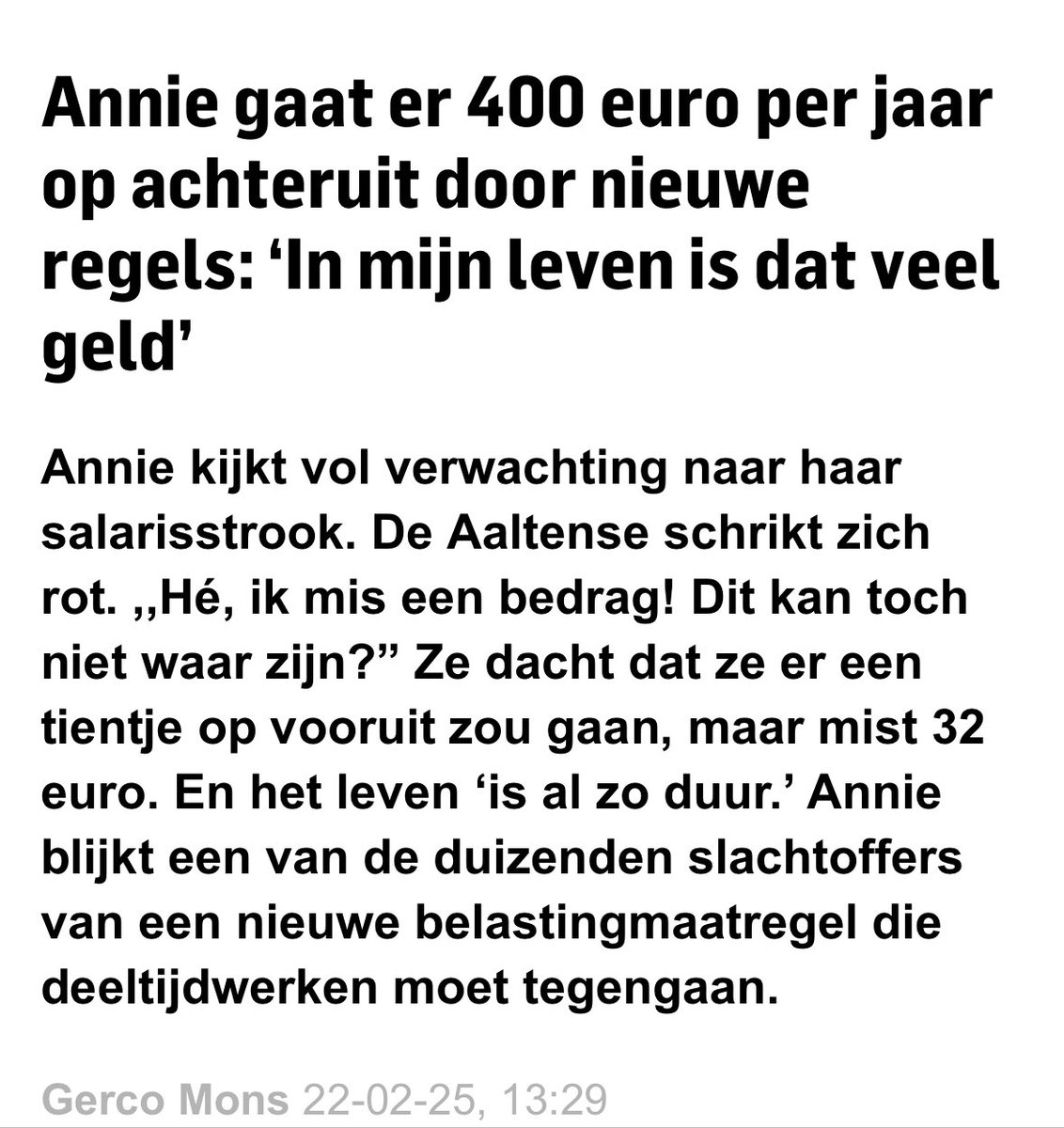 Het loonstrookje was voor veel mensen met een bescheiden inkomen een forse tegenvaller. 

Dit kabinet koos er voor om de belasting van parttimers te verhogen. Hierdoor betalen zij honderden euro’s meer belasting. 

Dit is gewoon asociaal rechts beleid.