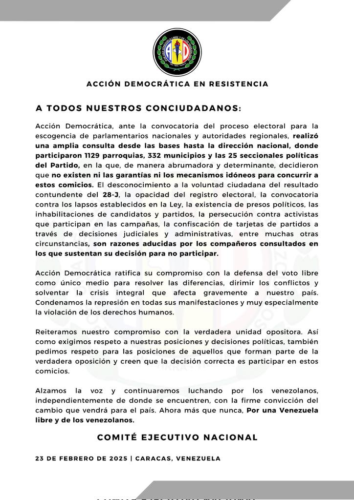 #23Feb 
Con claridad y respeto, nos dirigimos a todos los venezolanos.
<a href="/ADemocratica/">Acción Democrática</a> 
<a href="/ADMirandaAD/">ADMirandaSecGeneral</a> 
<a href="/ADOrganizacion_/">AD Organización Nacional</a>