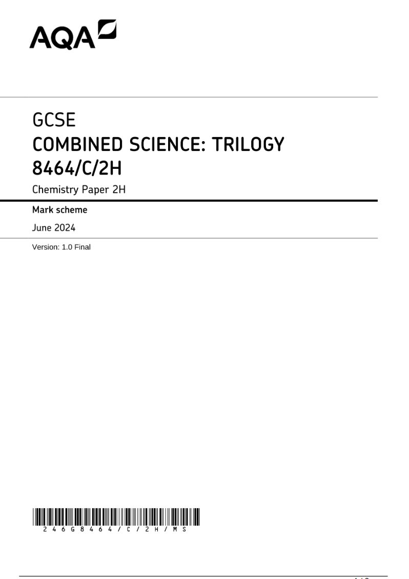 emilycilka73424's tweet image. stuvia.com/doc/7334992/20…
2024 AQA GCSE COMBINED SCIENCE: TRILOGY: CHEMISTRY PAPER 2H MARK SCHEME(8464/C/2H: HIGHER TIER)
#aqa #aqagcsecombinedscience #combinedscience #combinedsciencechemistry #gcsechemistry