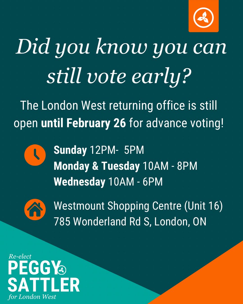 PeggySattlerNDP's tweet photo. Did you know you can still vote early? The London West returning office is open until Wednesday, February 26 at 6pm!
Head over to the returning office at Westmount Shopping Centre and cast your vote early. Make your plan to vote NOW at https://t.co/dP8TbBe9qa #LdnOnt #LdnWest https://t.co/SahRqEPFpk
