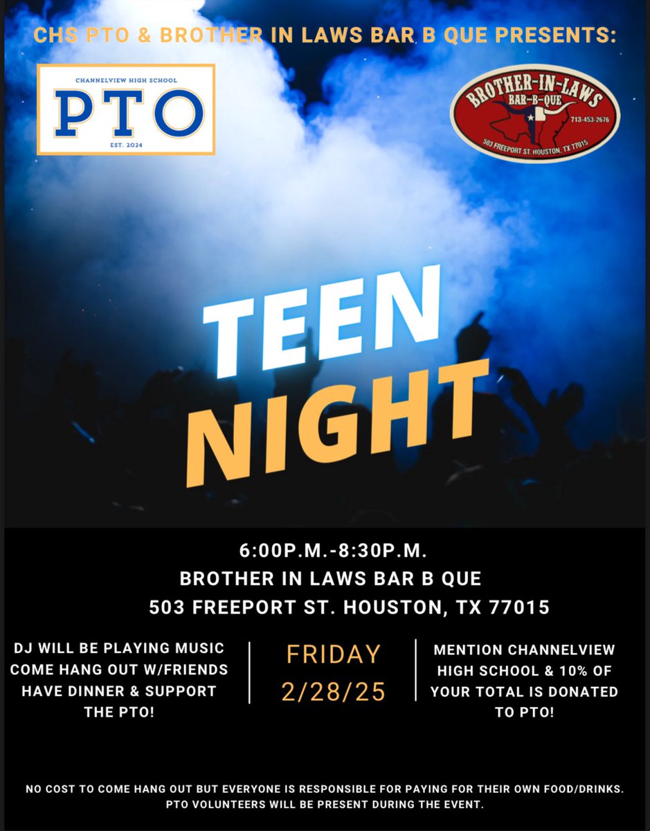 Channelview Falcons (@channelviewhs) on Twitter photo Falcons families! Come support our PTO at Brothers In Laws Bar B Que on Feb. 28th. Flyer with details below. We look forward to seeing you all there. <a href="/emet_crz/">Emeterio Cruz</a> Falcons families! Come support our PTO at Brothers In Laws Bar B Que on Feb. 28th. Flyer with details below. We look forward to seeing you all there. <a href="/emet_crz/">Emeterio Cruz</a>