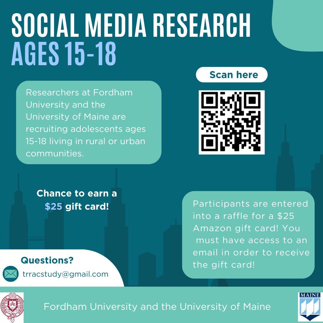 FordhamTRRAC's tweet photo. Hi twitter! We are TRRAC, an online study for 15-18 year olds living in a rural community OR an urban community in the United States! Participants who complete the study will be entered into a raffle to win a $25 Amazon gift card! 💙
Link to participate: https://t.co/Ogp5onHqEG https://t.co/TpDZIY7FJW