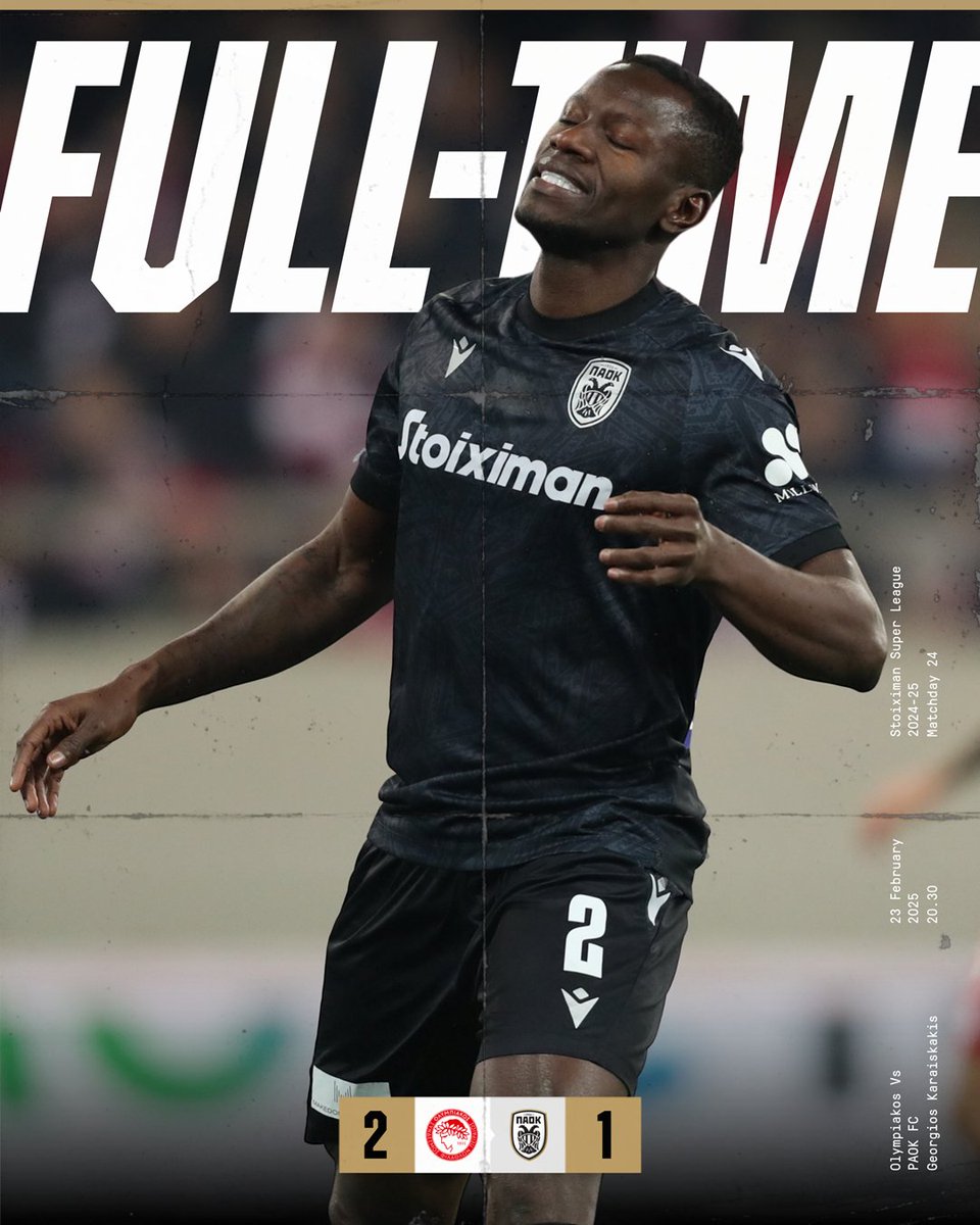 #FinalScore Τελικό αποτέλεσμα στο "Γεώργιος Καραϊσκάκης": Ολυμπιακός-ΠΑΟΚ 2-1. #OLYPAOK #StoiximanSuperLeague #stoiximan #slgr