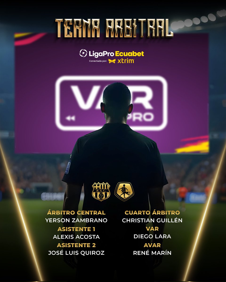 BarcelonaSC's tweet photo. Esta es la terna arbitral para el compromiso de esta tarde #BSCvsMSC 👨‍⚖️

#LigaProEcuabet 
#BarcelonaSomosTodos https://t.co/wdF7zcArJt