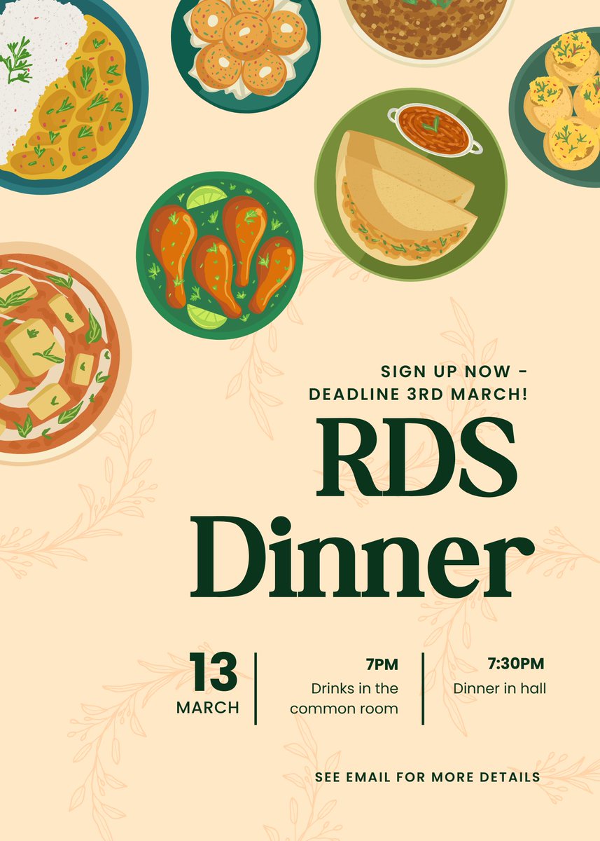 RDS Formal Dinner 13th March ✨
Sign up by 3rd March to join us for a great evening of food and fun. 
Don’t miss out - sign up here now:

docs.google.com/forms/d/11OKrG…