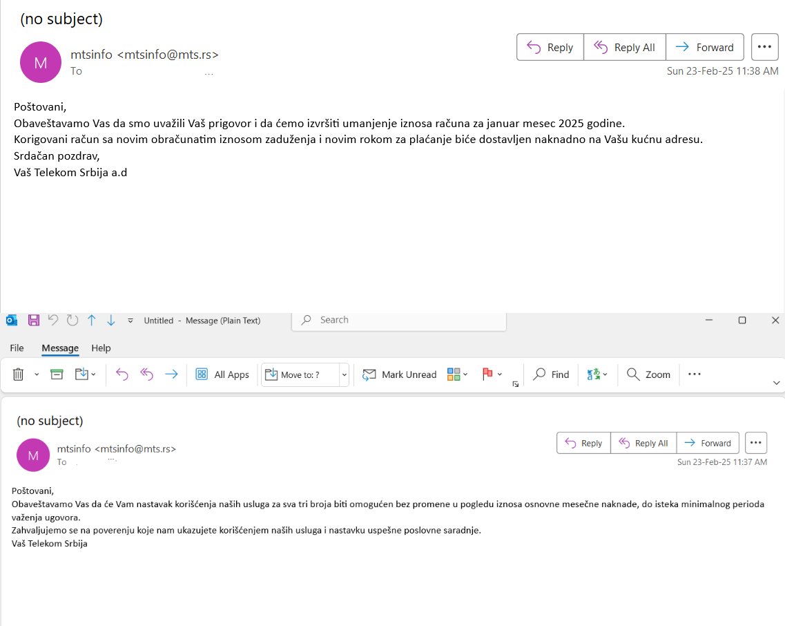 IvMiler's tweet image. Informacija za tviterase koji imaju problem sa lopinama iz MTS-a-postavite prigovor na Ratel-ovom sajtu sa naznakom da Zakon o zastiti potrosaca kaze da je povecanje -promena paketa protivzakonito ,i uz malo srece dobicete odgovor na slici-RATEL-Prigovori na rad operatera