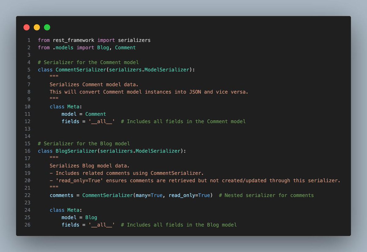 AsileAyuba's tweet image. Day 54 of my 100 Days of Coding Challenge:

Today, I explored Nested Serializers in Django REST Framework for handling Blog and Comment models.

#100DaysOfCode #DjangoRestFramework #NestedSerializers #BlogAPI #Python