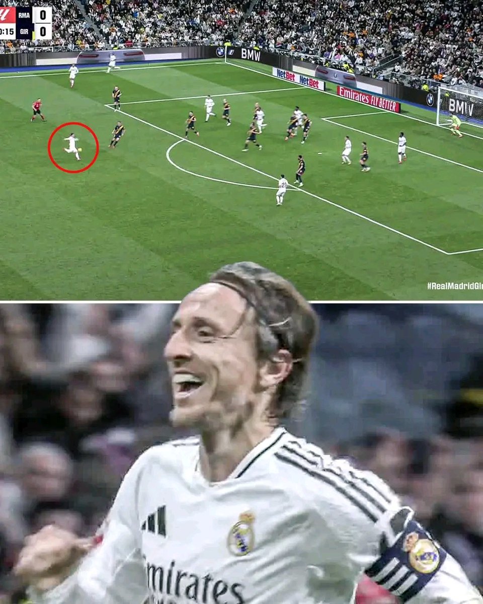 MarksonFc's tweet photo. LUKA MODRIC WITH A WORLDIE ON THE HALF VOLLEY FROM WELL OUTSIDE THE BOX TO GIVE REAL MADRID THE LEAD 🤯🚀

INCREDIBLE 🔥

#Realmadrid https://t.co/0wUOmaI7G1