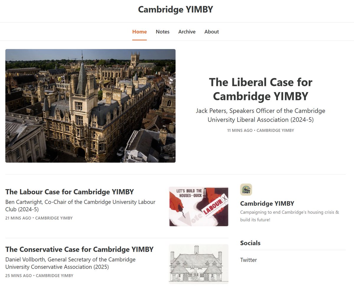 Cambridge YIMBY (@camyimby) on Twitter photo Young people are too often overlooked—yet we’re hit hardest by rising housing costs.
Across political divides, one thing is clear: Cambridge must grow!
Ahead of our launch next week, we asked student leaders—why YIMBY?
<a href="/CamUniLiberals/">Cambridge University Liberal Association 🔶</a> <a href="/CamUniLabour/">Cambridge University Labour Club</a> <a href="/CUCA_Tweets/">CUCA</a>
⬇️ Link Young people are too often overlooked—yet we’re hit hardest by rising housing costs.
Across political divides, one thing is clear: Cambridge must grow!
Ahead of our launch next week, we asked student leaders—why YIMBY?
<a href="/CamUniLiberals/">Cambridge University Liberal Association 🔶</a> <a href="/CamUniLabour/">Cambridge University Labour Club</a> <a href="/CUCA_Tweets/">CUCA</a>
⬇️ Link