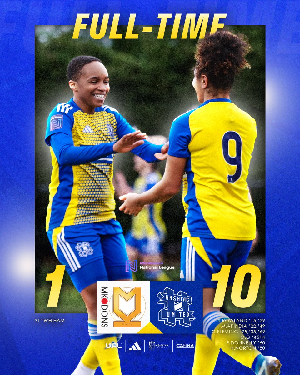 Hashtag United FC Women (@hashtagutdwomen) on Twitter photo FULL-TIME | <a href="/FAWNL/">FA Women's National League</a> 🏆
<a href="/MKDonsFCWomen/">MK Dons Women</a> 1-10 #️⃣
Back to the top of the tree with a vastly improved goal difference! First goals for Chelise & Flo as well in our biggest league win at the level 💫 On to <a href="/ITFCWomen/">Ipswich Town F(C) Women</a> next in 2 weeks time 🫡
📸 | <a href="/lucycopsey_98/">Lucy Copsey</a>
#UPTHETAGS | #FAWNL FULL-TIME | <a href="/FAWNL/">FA Women's National League</a> 🏆
<a href="/MKDonsFCWomen/">MK Dons Women</a> 1-10 #️⃣
Back to the top of the tree with a vastly improved goal difference! First goals for Chelise & Flo as well in our biggest league win at the level 💫 On to <a href="/ITFCWomen/">Ipswich Town F(C) Women</a> next in 2 weeks time 🫡
📸 | <a href="/lucycopsey_98/">Lucy Copsey</a>
#UPTHETAGS | #FAWNL