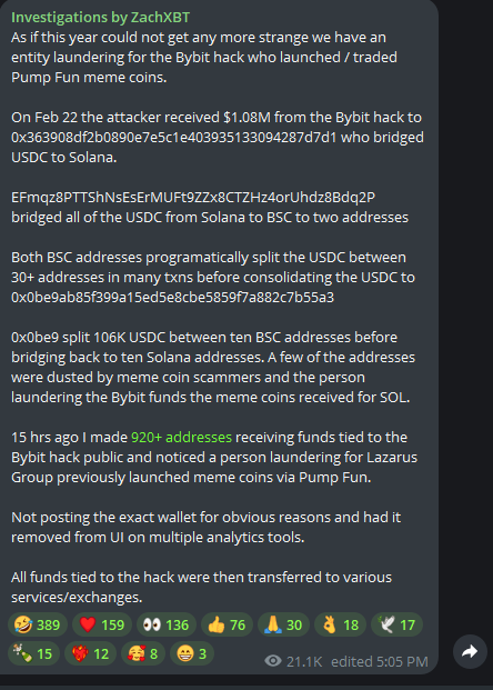 ZachXBT is linking Bybit hacks to Solana memecoin scams, exposing a tangled web in the crypto underworld.

👀Are we just scratching the surface here?