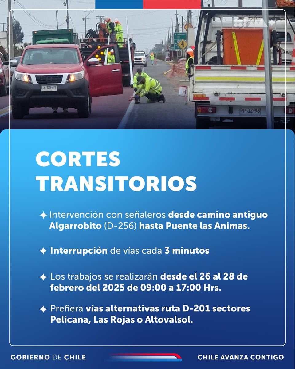 MOPCoquimbo's tweet photo. 👷🏻♀️👷🏻♂️🚨 Desde este lunes 24 al viernes 28 de febrero continuarán trabajos de seguridad vial en ruta #41Ch en #LaSerena.
Planifica con antelación tus traslados y prefiere vías alternativas para evitar los tiempos de detención transitorios dispuestos en la zona de los trabajos. https://t.co/DGCLYpCGub