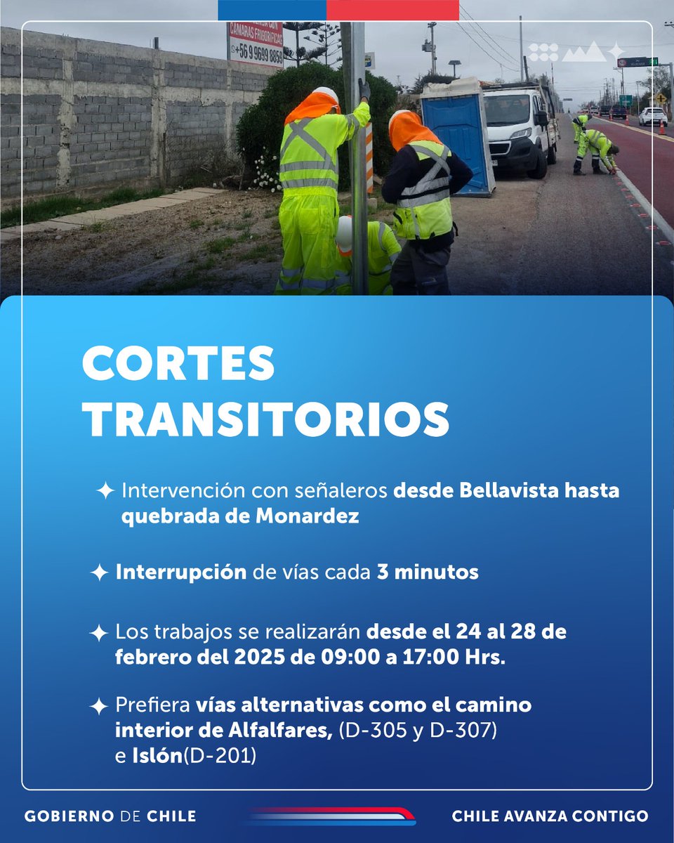 MOPCoquimbo's tweet photo. 👷🏻♀️👷🏻♂️🚨 Desde este lunes 24 al viernes 28 de febrero continuarán trabajos de seguridad vial en ruta #41Ch en #LaSerena.
Planifica con antelación tus traslados y prefiere vías alternativas para evitar los tiempos de detención transitorios dispuestos en la zona de los trabajos. https://t.co/DGCLYpCGub