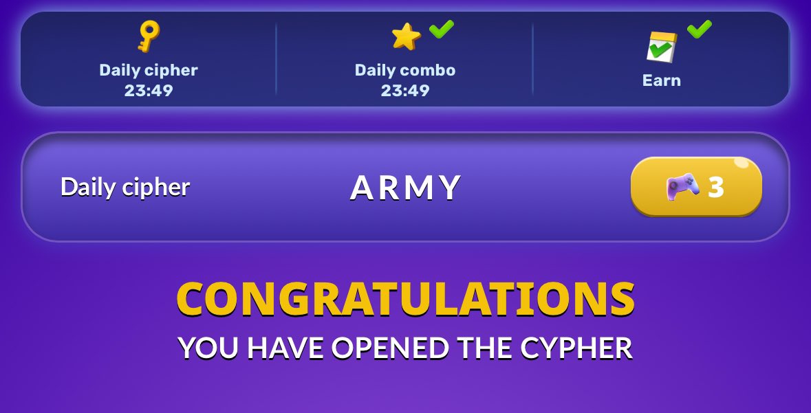 Dpreshiy's tweet image. 🔥Hamster Kombat GameDev 🔥

Daily Cipher and Daily Combo    

📅 23 Feb 2025 

Code: ARMY

A . -
R . - .
M - - 
Y - . - -

 #HamsterKombat #GameDev #dailycipher #dailycombo