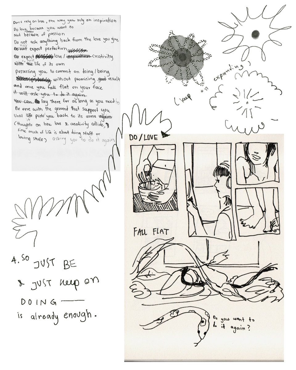 fav pages from my sketchbook jan-feb. 

The first ones are from improvised music sessions which I’ve been to quite often lately. I wanted to write and draw whatever came up simultaneously with improv music — which later inspired the ‘do/love’ poem i wrote for valentine’s day