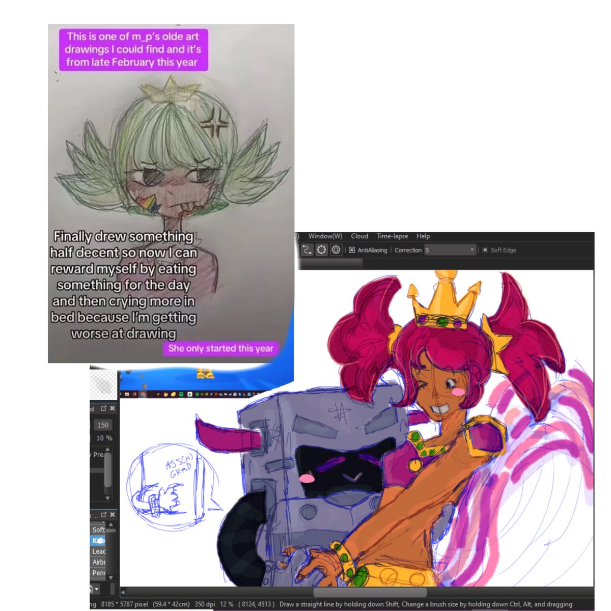 mandy_plushie's tweet photo. Real #artists don’t cry over someone calling their art bad but over being called #obese 
One year difference and I’ve already learned, anatomy, color theory, perspective, composition and how to quickly sketch, I’m proud even if I need to perfect myself more 💛 https://t.co/GHDtrTtTXl