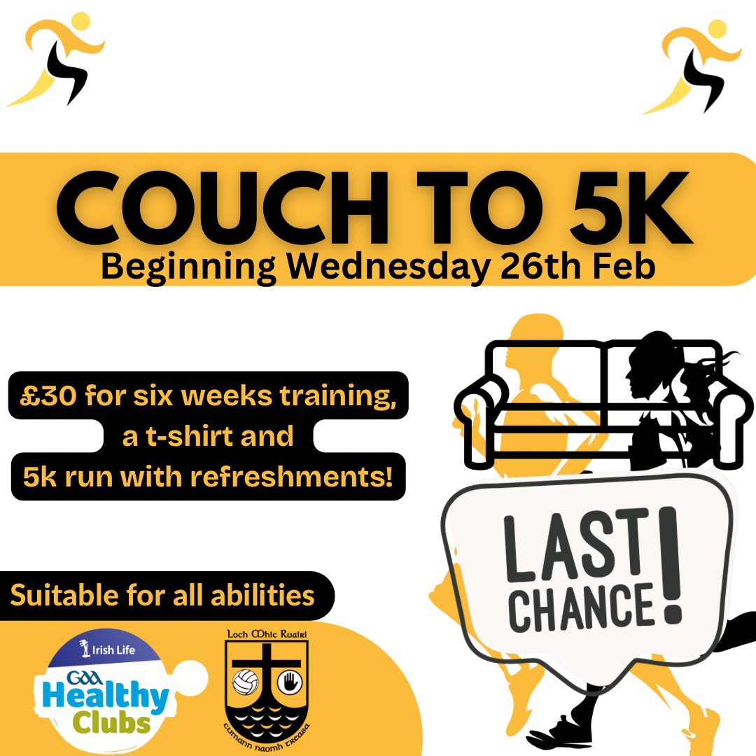 ‼️ Last chance to register - Tomorrow Night ‼️

Final registration night for our Couch to 5k is tomorrow 8pm-9pm in the clubrooms. 

£30 for adults, U16 is £20! 

T-shirt samples available on the night.
