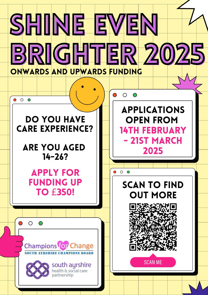 📢<a href="/ChampionsBoard1/">Champions For Change</a> have launched their latest small grants opportunity - Shine Even Brighter 2025!!

This grant is available for young people in South Ayrshire with a minimum of 3 months of care experience. 💜

Find out more ➡️ hscp.south-ayrshire.gov.uk/ShineEvenBrigh…