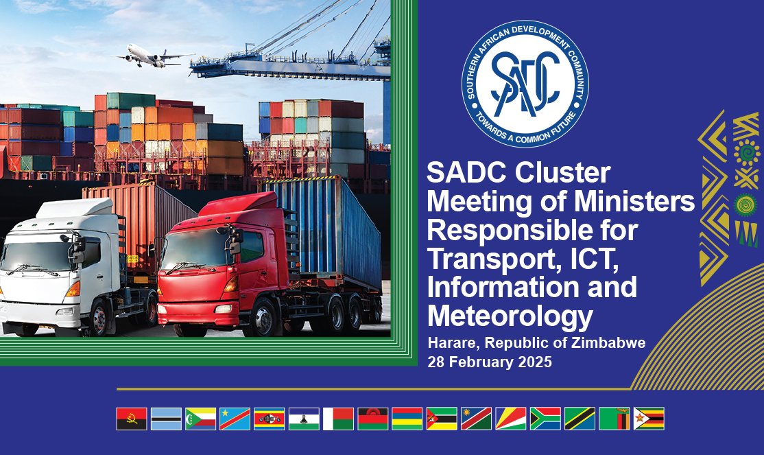 Ministry of Transport - Zimbabwe (@ministryoftid) on Twitter photo 1) Following His Excellency the President of Zimbabweβs assumption of the SADC Chairmanship for 2024/2025, Zimbabwe will host the SADC Cluster Ministerial Meeting on Transport, ICT, Information, & Meteorology from February 24-28, 2025, in Harare at Rainbow Towers Hotel. 1) Following His Excellency the President of Zimbabweβs assumption of the SADC Chairmanship for 2024/2025, Zimbabwe will host the SADC Cluster Ministerial Meeting on Transport, ICT, Information, & Meteorology from February 24-28, 2025, in Harare at Rainbow Towers Hotel.