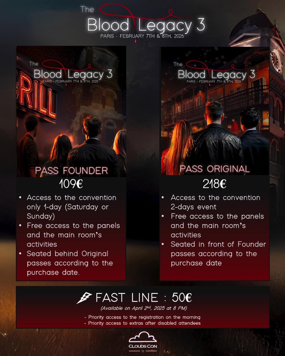 CloudsCon's tweet image. Voici les Pass pour la #TBL3🩸

➡️ Possibilité de payer en 3 fois les pass et les extras.

➡️ Vous pouvez retrouver tous les prix des extras des acteurs directement sur la billetterie.

➡️ Possibilité de payer par PayPal ou par virement bancaire (la procédure vous sera transmise…