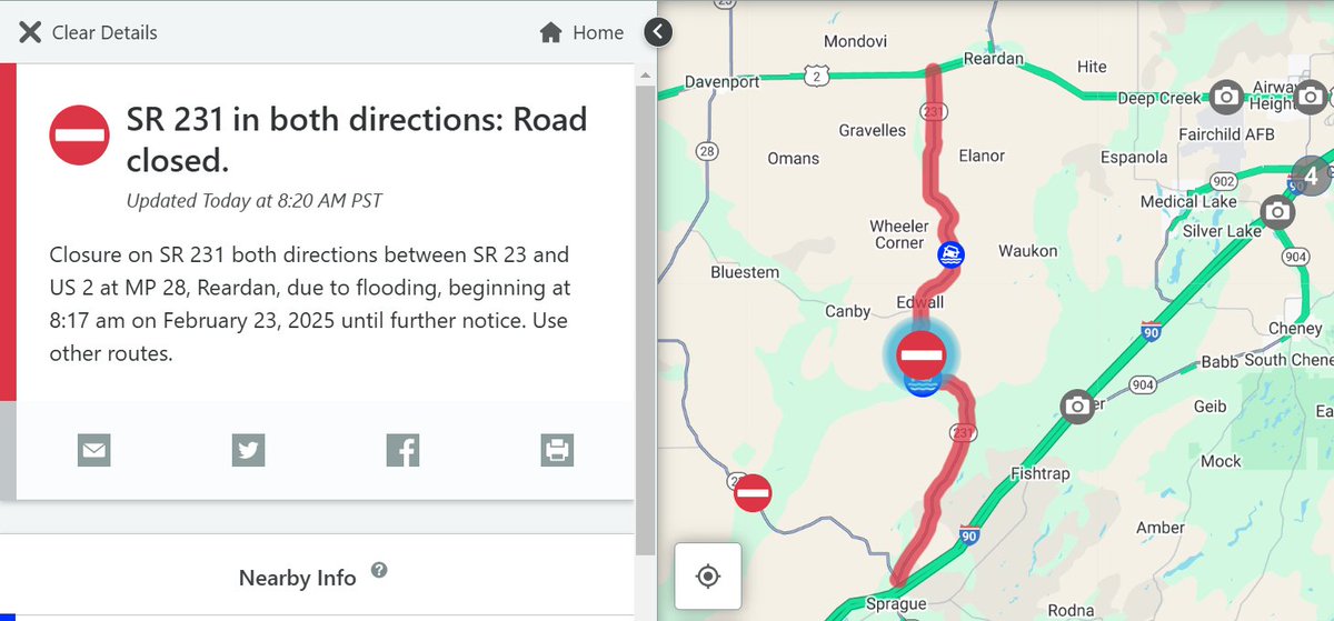 WSDOT_East's tweet photo. UPDATE: SR 231 is now CLOSED from I-90 to US 2 due to multiple areas of flooding and impassable water. Please do not cross the road closed signs at this time and use alternate routes. https://t.co/c4iBLDZAnN