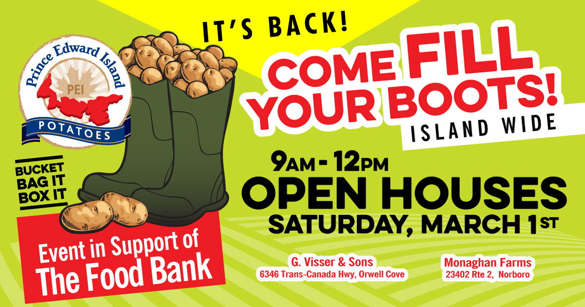 It's baccck!!  🥔 🥔 🥔

Come Fill Your Boots with PEI Potatoes, next Saturday, March 1st🥔🥾 Locations in Orwell Cove and Norboro!

#PEI #FillYourBoots #PEIPotatoes