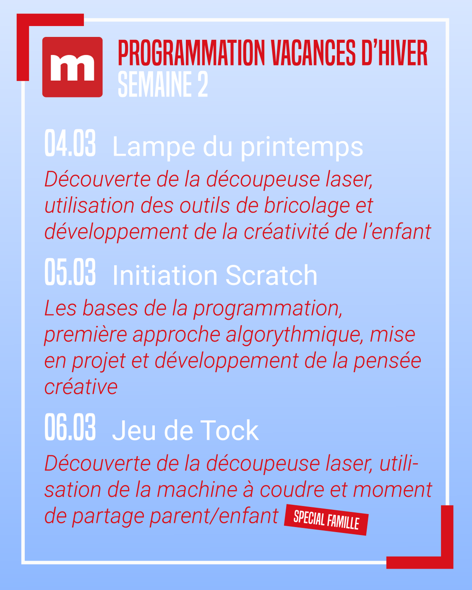 📅🔥 Notre programmation sur la deuxième semaine des vacances ! 
👉Pour retrouver tous les descriptifs des ateliers du Fab Lab de La Casemate ou pour vous y inscrire, c'est sur notre site lacasemate.fr que ça se passe !

#GrenobleFabLab #FabLab #Casemate #Créativité