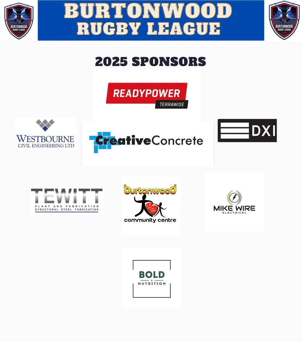 New season! New kit! 

🚨Introducing our 2025 kit sponsors🚨

🏉ReadyPower Terrawise
🏉Westbourne Civil Engineer Ltd
🏉DXI
🏉Creative Concrete N/W Ltd
🏉Mike Wire Electrical
🏉Tewitt
🏉Burtonwood Community Centre
🏉Bold Nutrition
