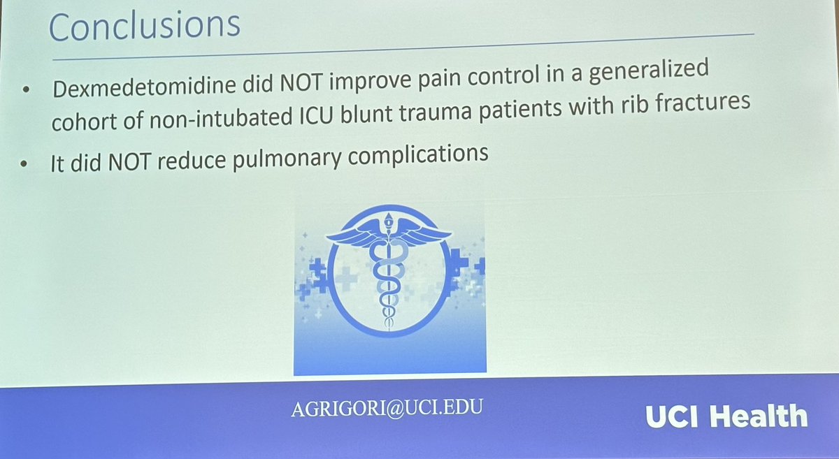 <a href="/UCI_Trauma/">UCI TRAUMA</a> RCT on precedex for non-intubated ICU patients with rib fractures presented by 🌟 new <a href="/PCSAsurg/">PCSA</a> member Dr. Grigorian
<a href="/UCIrvineSurgery/">UC Irvine Surgery</a> <a href="/CatherineKuzaMD/">Catherine M. Kuza, MD, FASA, FCCM</a> <a href="/ErikaTayMD/">Erika Tay-Lasso (she/ella)</a> <a href="/Negaar_Aryan/">Negaar Aryan, MD</a> <a href="/SebastianSchubl/">Sebastian Schubl</a> <a href="/jeffwsantos/">Jeffrey W. Santos, MD</a> 

<a href="/drdevirgilio/">Christian de Virgilio MD FACS</a> <a href="/DrSharonLum/">Sharon Lum MD MBA FACS</a> <a href="/DavidASpain/">David Spain</a> amazing discussant